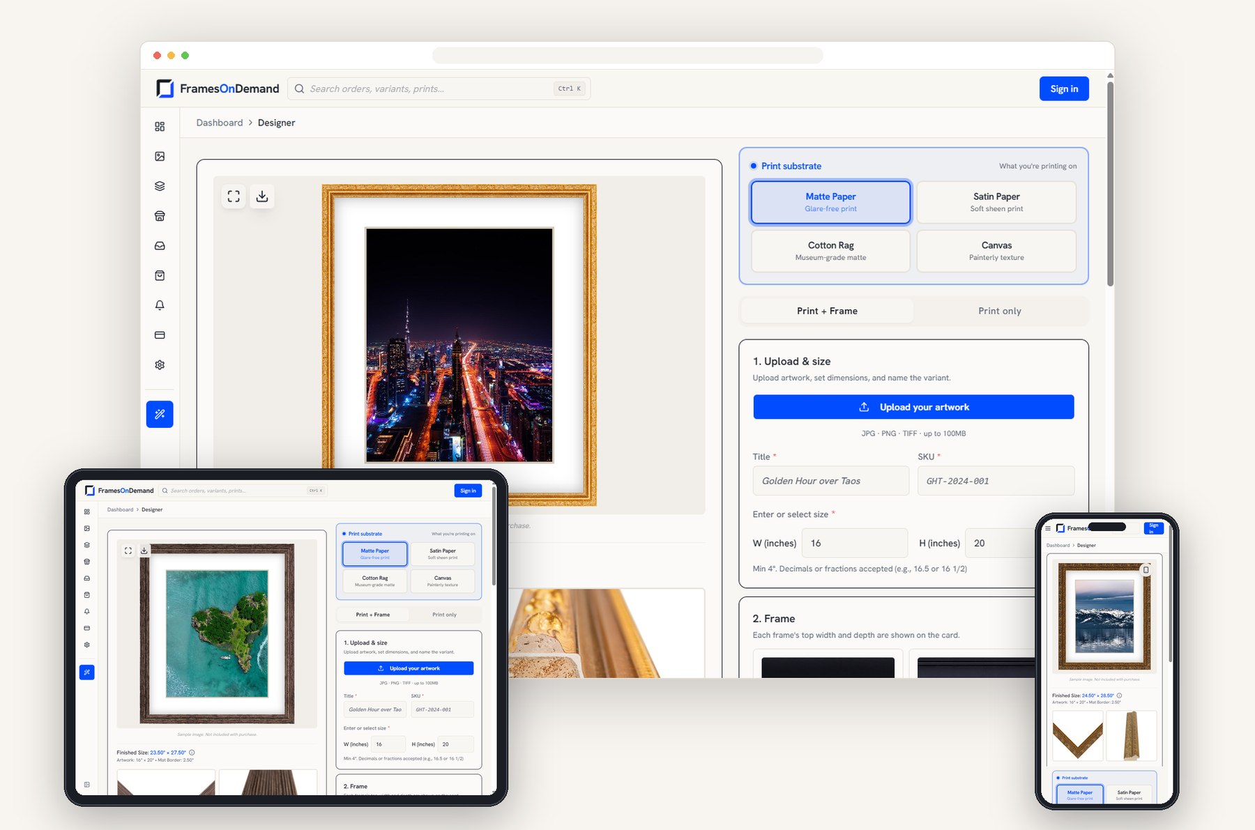 The FramesOnDemand designer running on a desktop browser, a tablet, and an iPhone, each rendering a framed print live