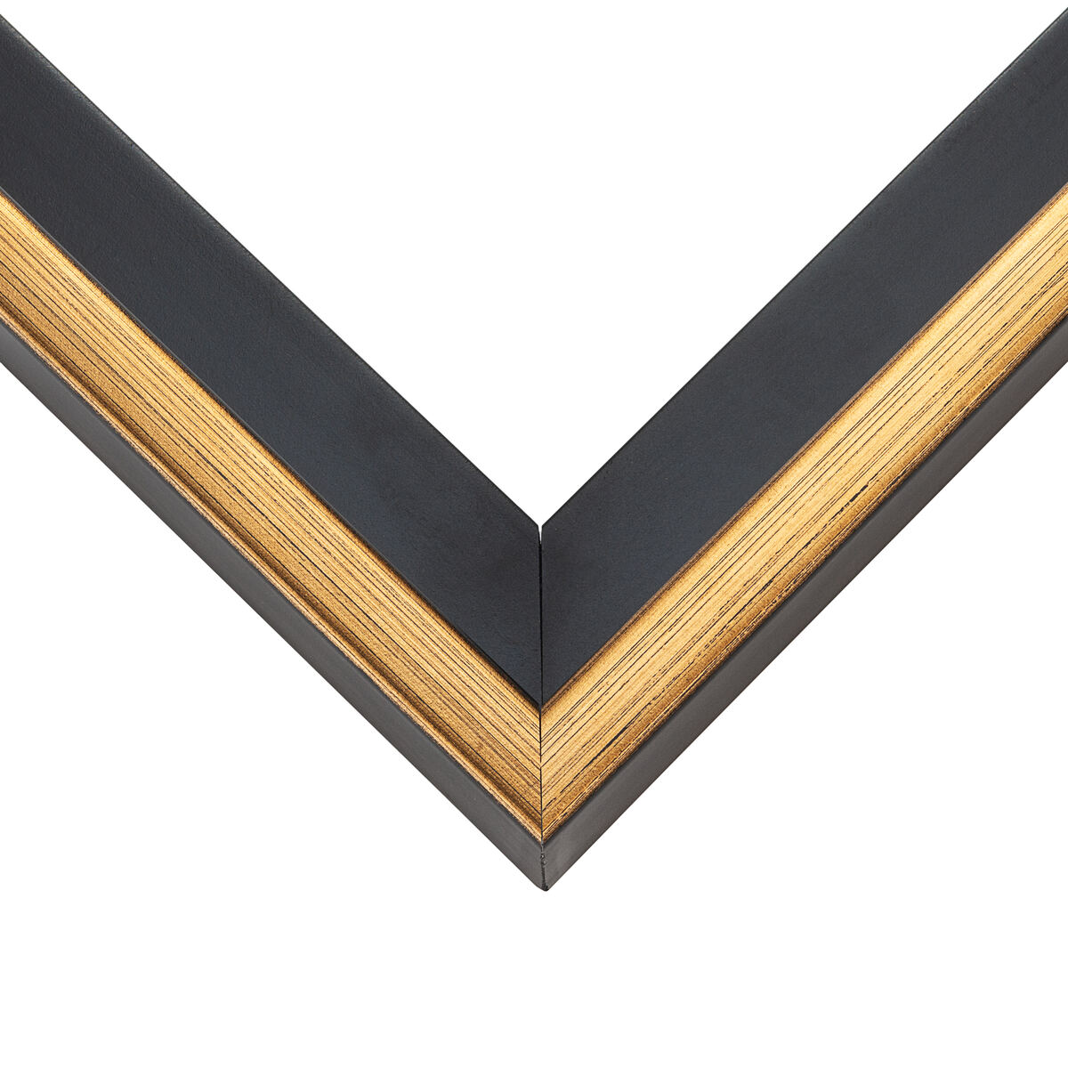 Black canvas float frame corner with a warm gold inner reveal edge