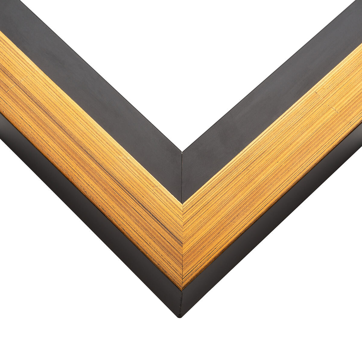 Black canvas float frame corner with a bright gold inner reveal edge, showing the small gap where the stretched canvas floats inside the frame