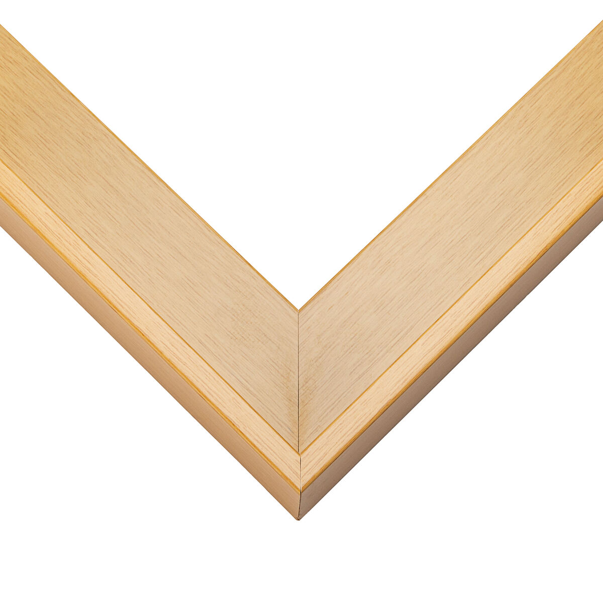 Natural oak canvas float frame corner, light blonde wood with a clean reveal gap