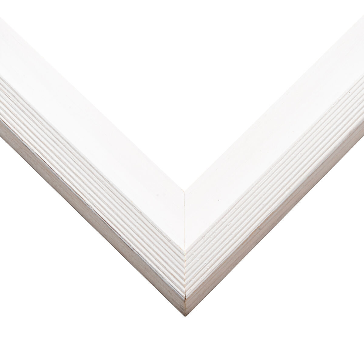 Whitewash canvas float frame corner, soft white wood with a clean reveal gap