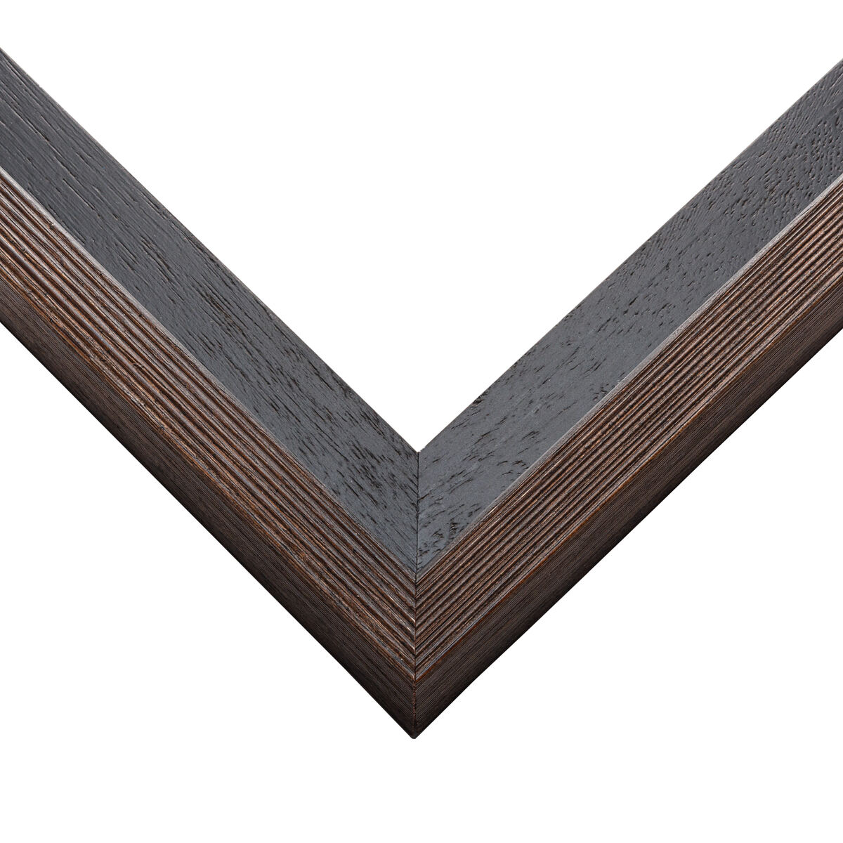 Dark walnut canvas float frame corner showing the reveal gap