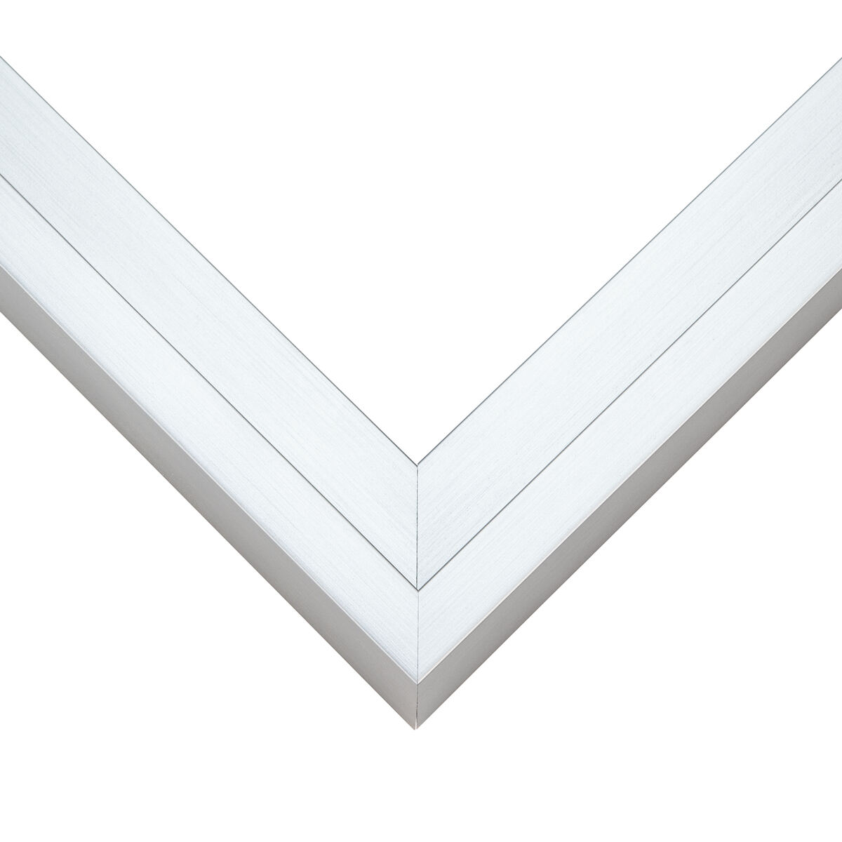 Brushed silver canvas float frame corner with a clean bright metallic finish