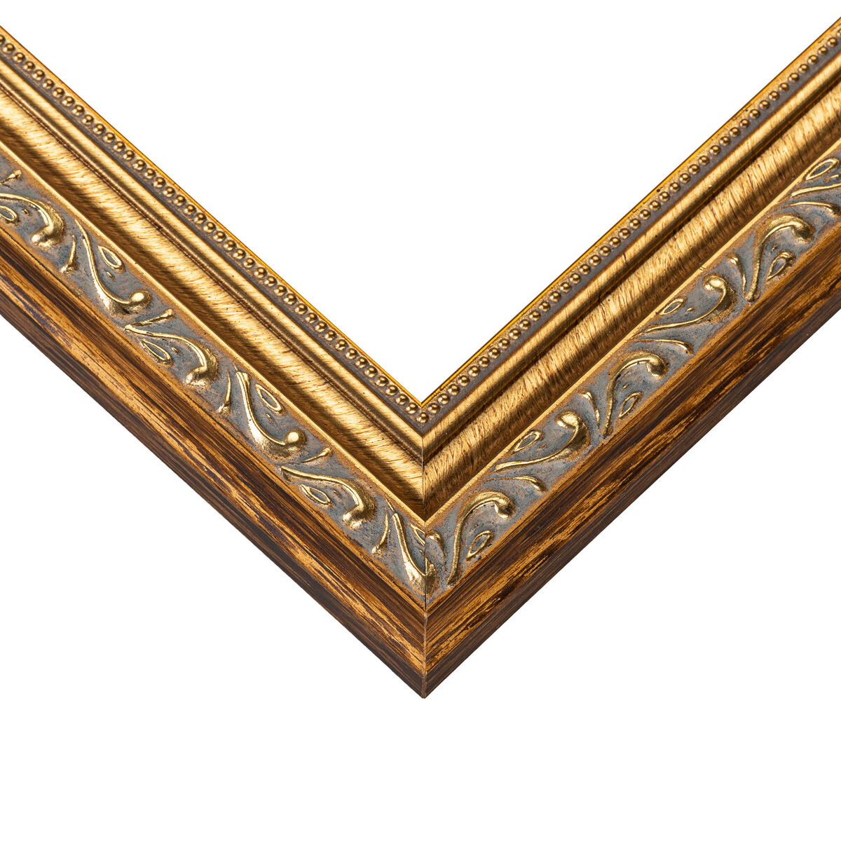 Ornate Gold picture frame moulding shown at the miter join