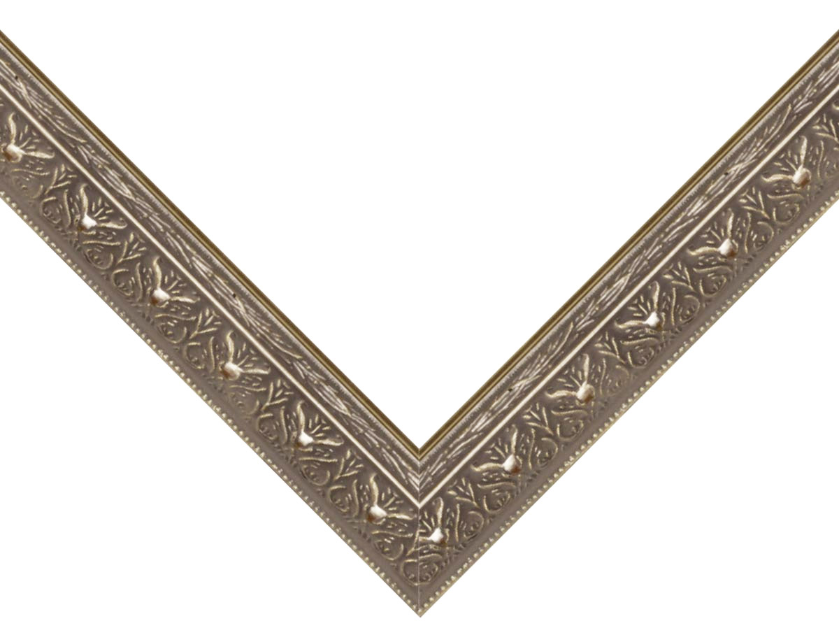 Wide Silver picture frame moulding shown at the miter join