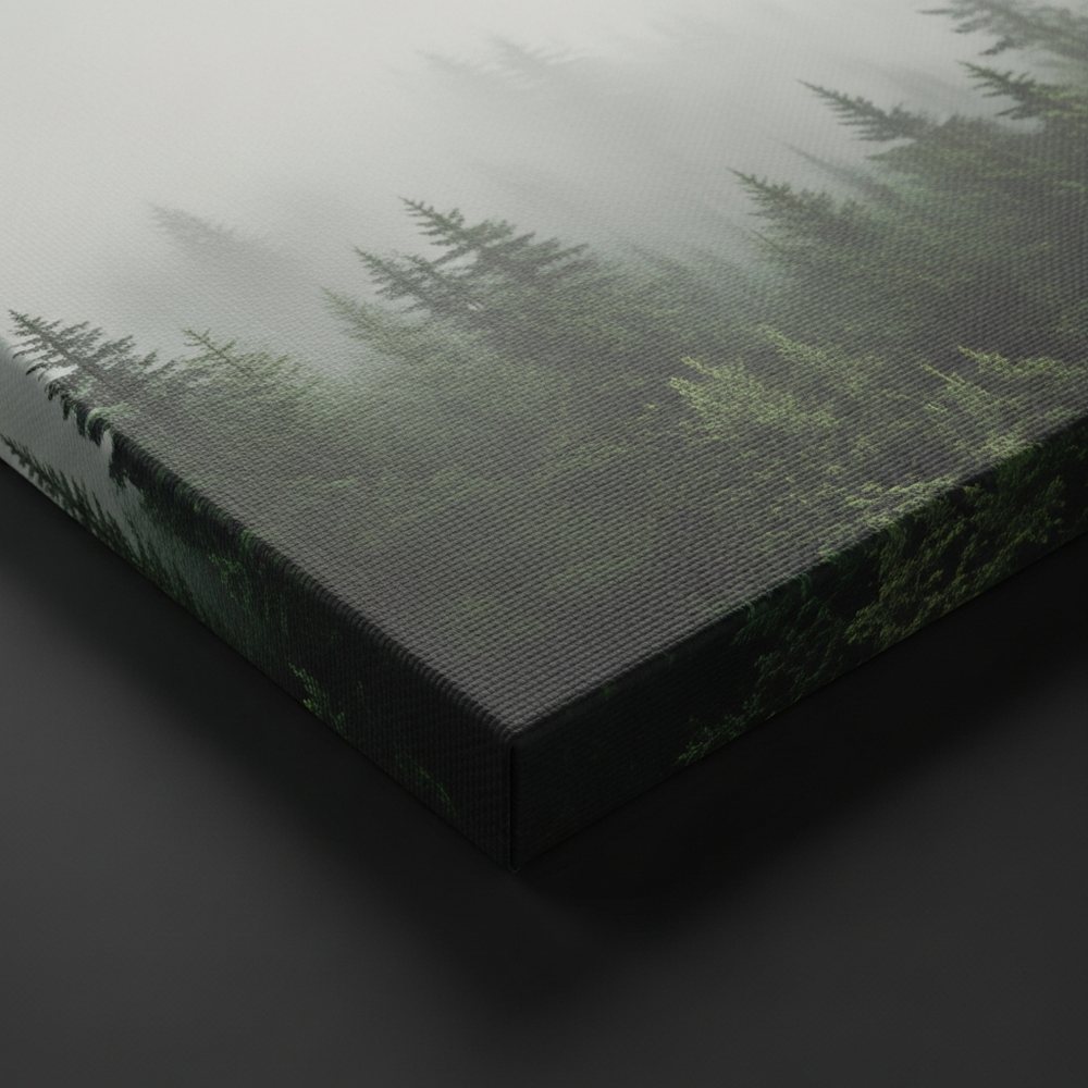 Corner of a gallery-wrapped canvas print on a dark background, a foggy forest treeline with visible canvas weave