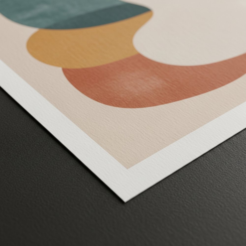 Corner of a cotton rag fine-art print on a dark background, a flat abstract composition on textured cotton rag paper