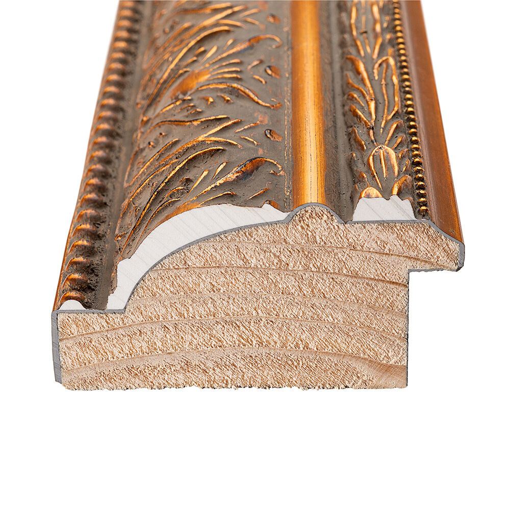 Side profile of the Wide Burnished Museum Gold moulding showing its stepped depth
