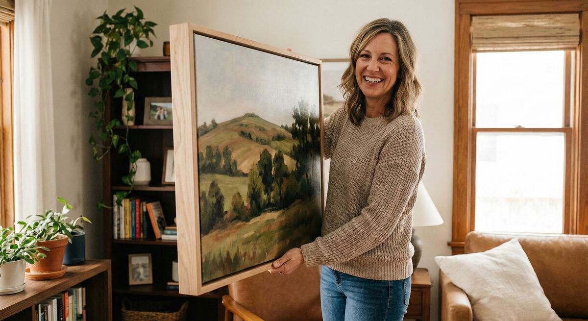 A smiling woman in a living room holding a framed canvas landscape painting set in a natural wood float frame