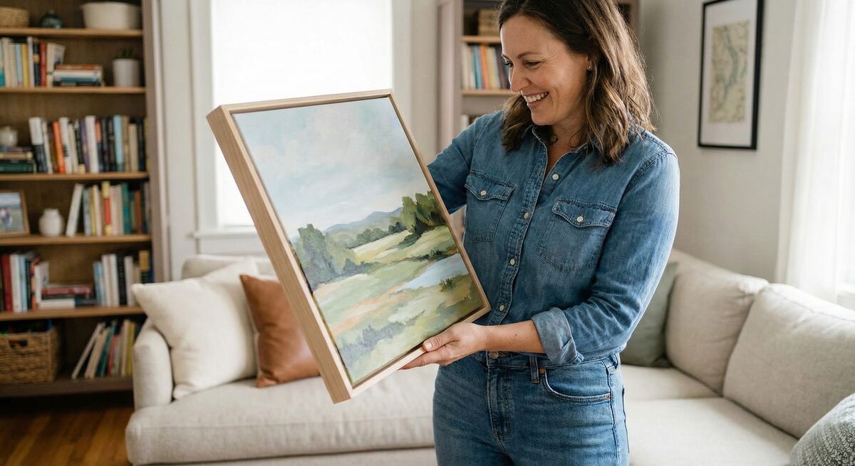 A smiling woman in a denim shirt holding a framed canvas landscape in a natural wood float frame in her living room