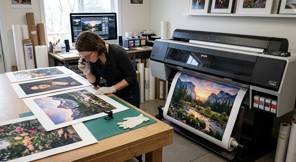 A print technician checking giclee prints with a loupe beside a wide-format pigment printer as a landscape print emerges