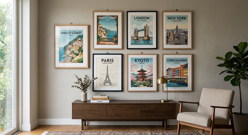 A gallery wall of seven framed travel posters in mixed wood and black frames above a dark wood credenza in a modern living room