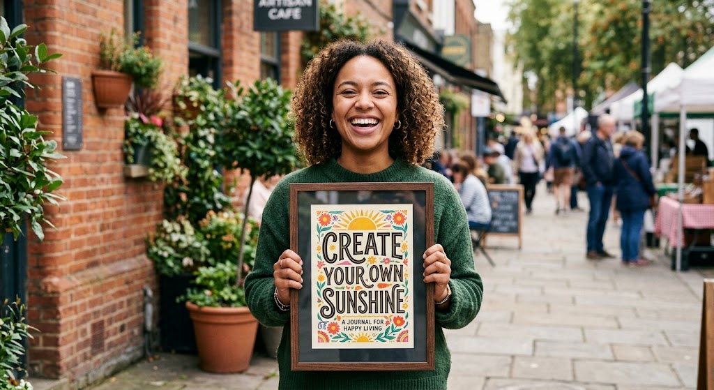 A smiling woman on a city street holding a framed art poster in a dark walnut frame that reads Create Your Own Sunshine
