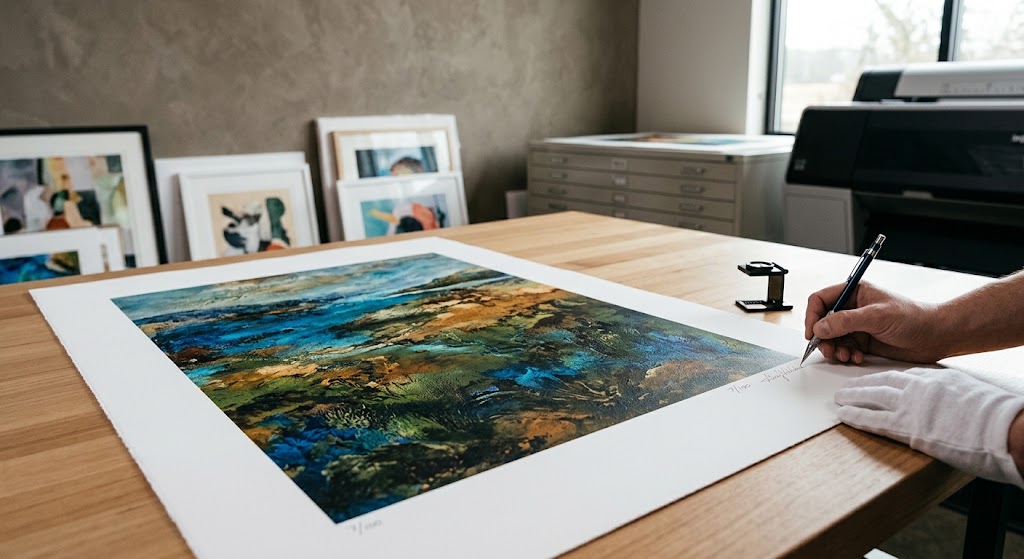 An artist's hand signing the margin of a cotton rag giclee print, with an edition stack beside it