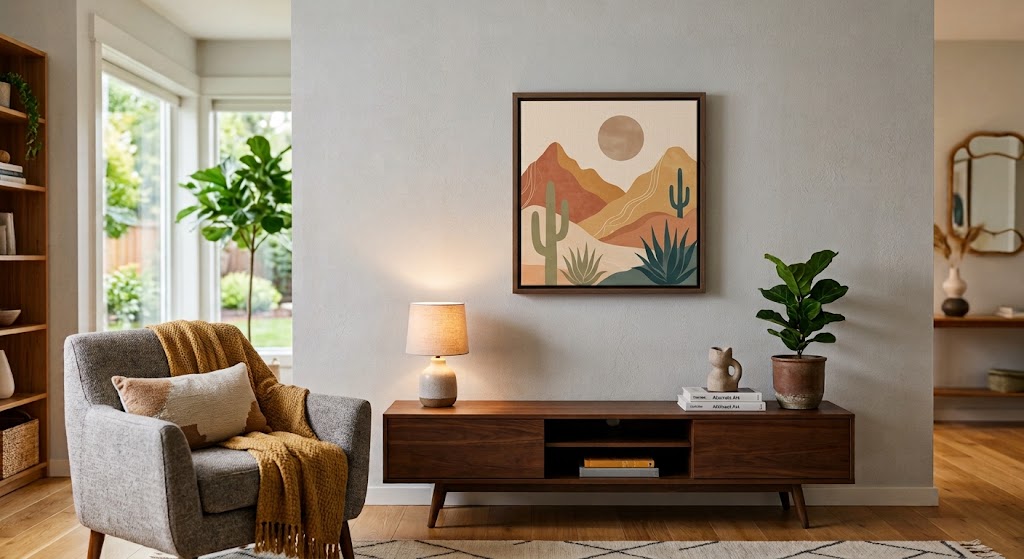 Abstract canvas print in a thin black float frame with a visible shadow gap, hung above a wood bench