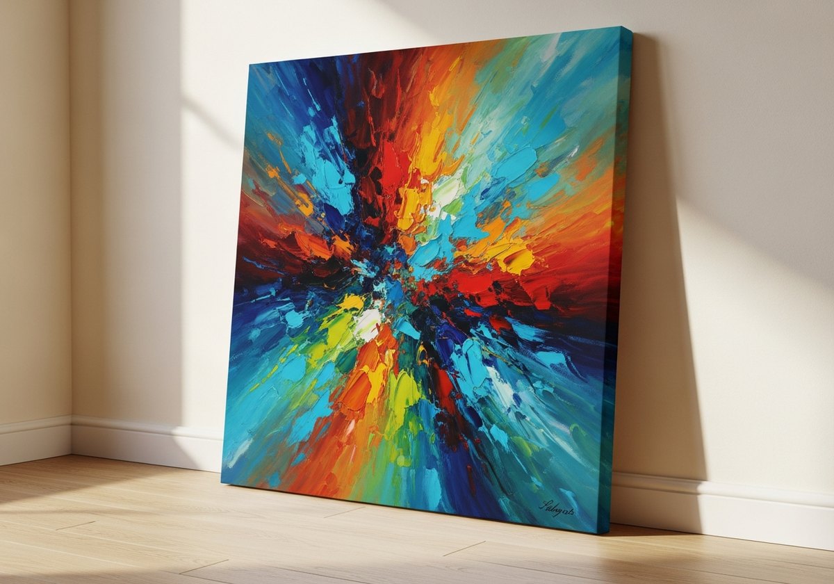 Gallery-wrapped canvas with painted wrapped edges and no frame, leaning against a white wall