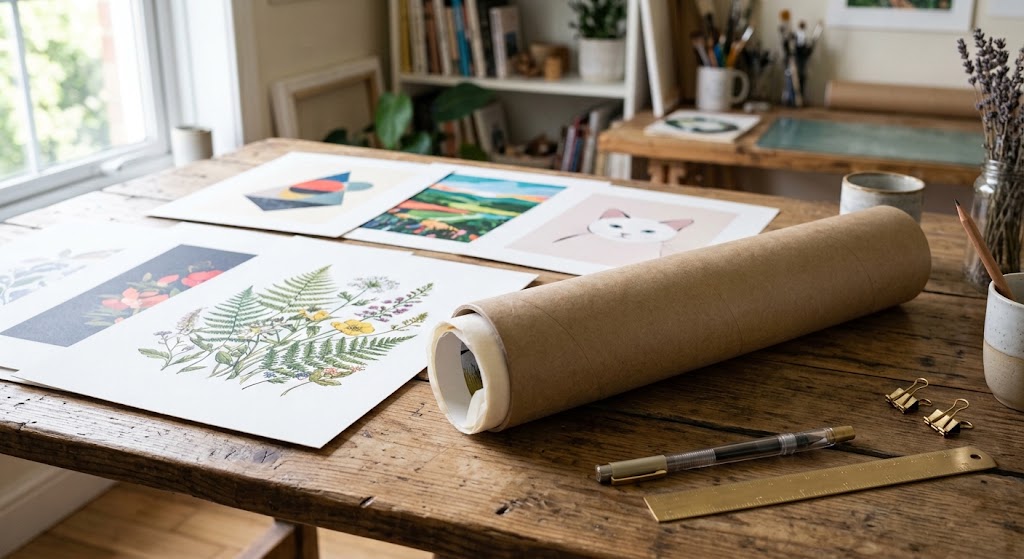 A rolled fine art print emerging from a kraft shipping tube beside flat archival prints and tissue paper