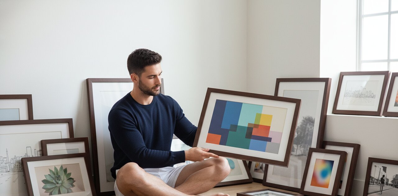 A wall of framed prints in warm wood frames, the kind of catalog an Etsy art seller can offer with no inventory