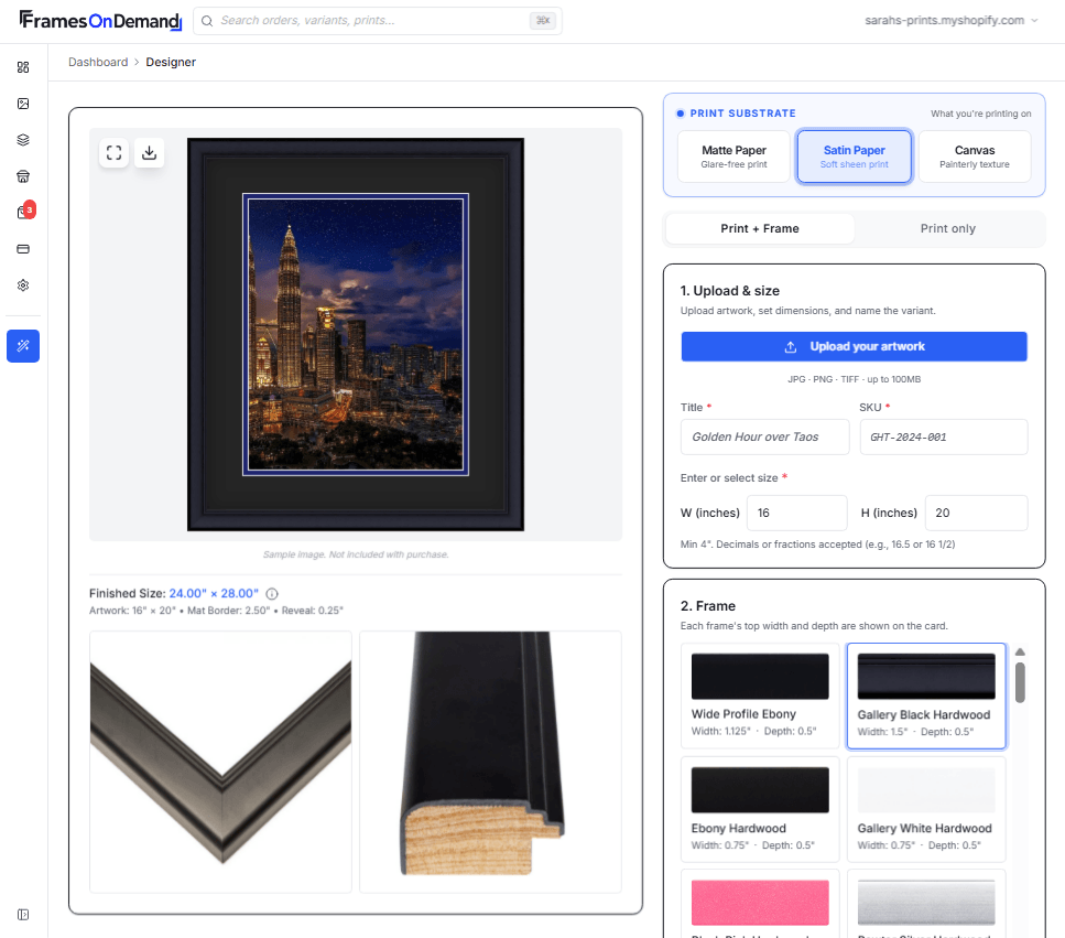 FramesOnDemand designer interface inside Shopify admin showing a New York City skyline photograph framed in Gallery Black Hardwood with a wide white mat. Right sidebar shows Print Substrate options (Matte, Satin, Canvas), Print + Frame toggle, Upload + size form with Title and SKU fields, and the Frame catalog with multiple wood and ornate styles.