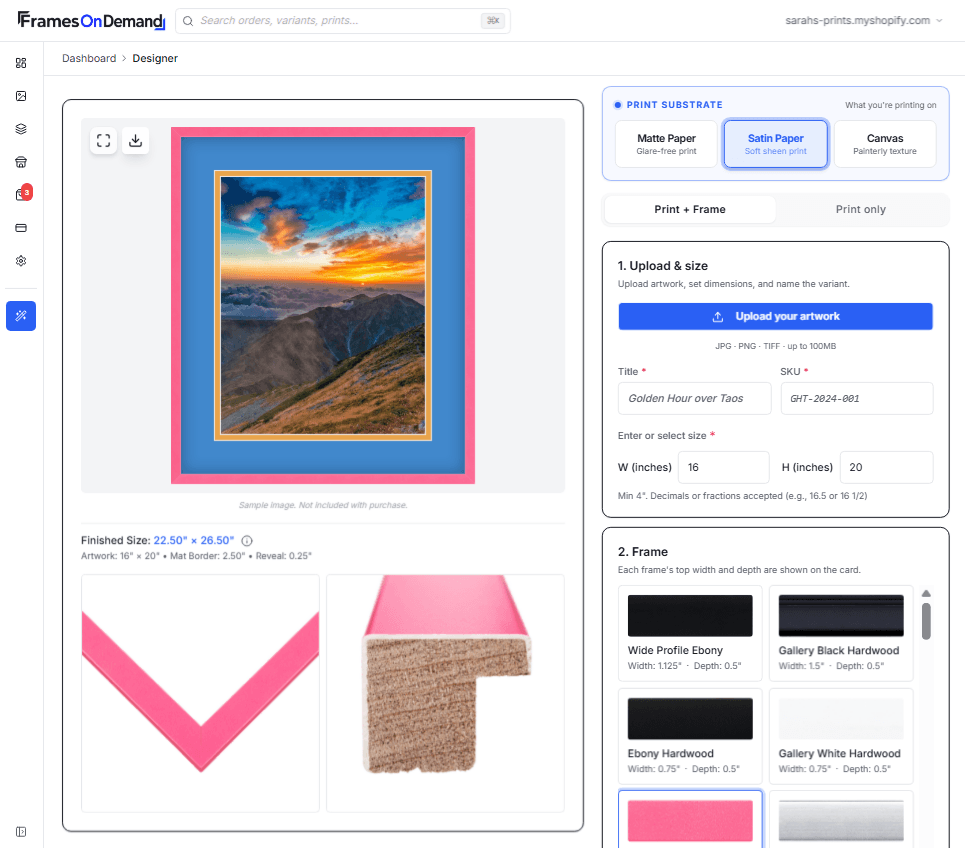 Same FramesOnDemand designer with a different seller's choice: a sunset mountain landscape framed in a vibrant pink moulding with matching pink mat. The frame catalog now shows the pink moulding selected. Demonstrates the catalog's range from neutral to bold.
